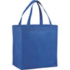 A blue non-woven shopper tote bag with two sturdy handles and a spacious design. Features a logo on one side.