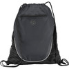 A black drawstring sportspack with mesh side panels and a zippered pocket, featuring a logo.