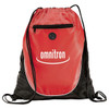 A red and black drawstring sportspack with a zippered front pocket and a logo.