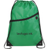 A green drawstring sportspack with a front zipper pocket and a logo. Features black accents at the bottom.