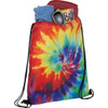 A tie-dye drawstring sportspack in vibrant rainbow colours, filled with clothing and accessories. Features a logo.