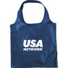 A navy tote bag with a single shoulder strap and a branding logo. The bag is foldable for easy storage.