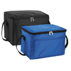A black and a blue cooler bag with zippered closures and handles, featuring a simple design and logo branding.