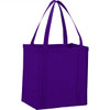 A purple non-woven grocery tote bag with sturdy handles, featuring a plain design and a logo.