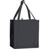 A dark grey reusable grocery tote with long handles and a spacious design, featuring a logo.