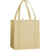 A beige non-woven grocery tote bag with two handles and a structured design. Features a logo on one side.