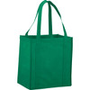 A green non-woven grocery tote bag with dual handles and a structured design. It includes a logo on the side.