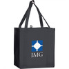 A dark grey reusable grocery tote with sturdy handles and a logo on the front, designed for carrying items.