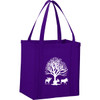 A purple non-woven grocery tote featuring a white tree and animal design. It has sturdy handles and a spacious interior.