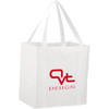 A white non-woven grocery tote bag with sturdy handles and a logo on one side.