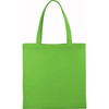 A bright green non-woven tote bag with two handles and a blank surface featuring a logo.