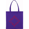 A purple non-woven tote bag with long handles and a logo printed on one side.