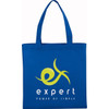 A blue non-woven tote bag with two handles and a logo printed on the front.