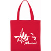 A red non-woven tote bag with a white logo design and two sturdy handles.