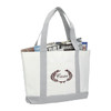 A large white tote bag with grey handles, featuring newspapers and a logo on the front.