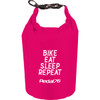 A pink waterproof outdoor bag with a black strap, featuring a logo and text: "Bike, Eat, Sleep, Repeat."