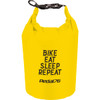 A yellow waterproof outdoor bag featuring a logo and text design. Ideal for outdoor activities.