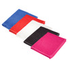 A selection of gym towels in blue, red, white, black, and pink, neatly arranged. Each towel has a soft texture.