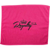 A pink gym towel featuring a logo with a crown and the word "Royalty" in black text.