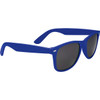 Blue sunglasses with dark lenses and a solid design, featuring a logo on the side.