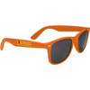 Orange sunglasses with dark lenses and a logo on the side, designed for leisure and outdoor activities.