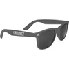 Grey promotional sunglasses with black lenses, featuring a logo on the side.