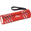 A red flashlight with a textured design and a wrist strap, featuring a branding logo.