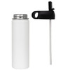 A drink bottle in white with a stainless steel finish, accompanied by a black lid and straw. Features a logo.