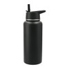 A drink bottle in matte black with a screw cap and spout, featuring a logo. Ideal for hydration on the go.