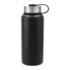 A drink bottle featuring a black body with a stainless steel lid and a convenient carrying handle.