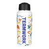 A drink bottle featuring a white body with colourful abstract designs and the word "TEAMWORK" prominently displayed.