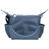 A dark blue cooler bag with multiple pockets and a zipper compartment, featuring a small logo.