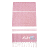 A pink 100% cotton Turkish towel featuring white stripes and fringe edges, with a logo design on one side.
