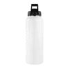 A drink bottle in white with a black lid, featuring a logo on the side. Ideal for hydration on the go.