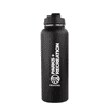 A drink bottle in matte black with a screw-top lid and a logo printed on the side.