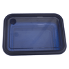 A reusable container in navy blue with a clear lid and a logo, designed for storage.