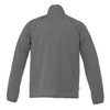 A grey packable jacket for men with long sleeves and a high collar, featuring a logo on the back.