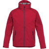 A red men's soft shell jacket with a hood and zippered pockets. Features a logo on the chest.