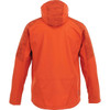 An orange men's softshell jacket with a hood and textured shoulder panels. It features a branding logo.