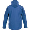 A blue men's softshell jacket featuring a hood and textured shoulder panels, with a logo on the back.