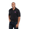A black short sleeve polo shirt for men, featuring a logo on the chest and paired with dark jeans.