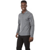 A long sleeve men's polo shirt in grey, featuring a collar and a logo on the chest.