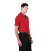 A red men's short sleeve polo shirt, featuring a collar and a logo, displayed on a model.