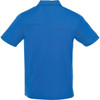 A blue men's polo shirt featuring short sleeves and a back view with contrasting stitching and a logo.