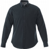 A dark green men's long sleeve button-up shirt with a pocket and a logo on the collar.