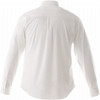 A white long sleeve button-up shirt with a back yoke and cuffs, featuring a logo.