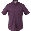 A short sleeve button-up shirt in a deep purple colour with a front pocket and a logo.