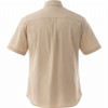 A short-sleeve men's button-up shirt in beige, featuring a back yoke and a logo.