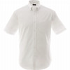 A short sleeve, white button-up shirt featuring a pocket and a collar, with a logo on the label.