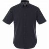 A black short sleeve button-up shirt for men, featuring a single chest pocket and a logo.